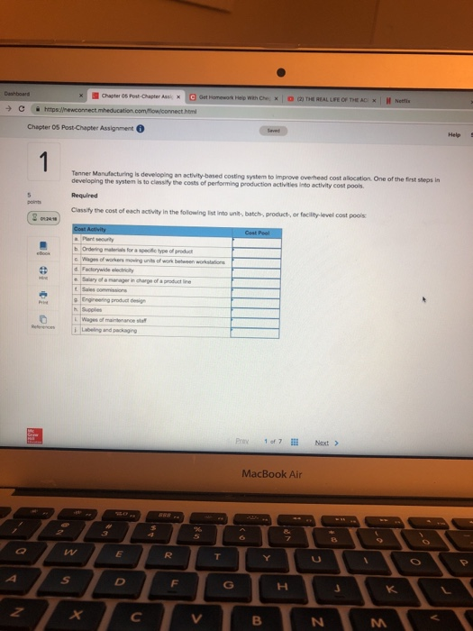  Chapter 05 Post-Chapter Assignment Tanner Manufacturing is develoging an actvity-based costing