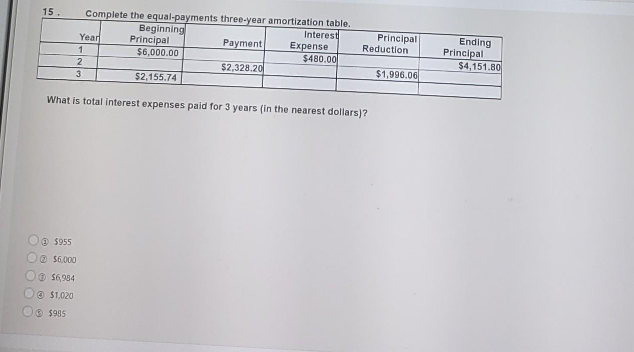  15. Complete the equal-payments three-year amortization table. Beginning Interest Year Principal