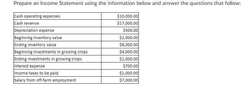 Prepare an Income Statement using the information below and answer the