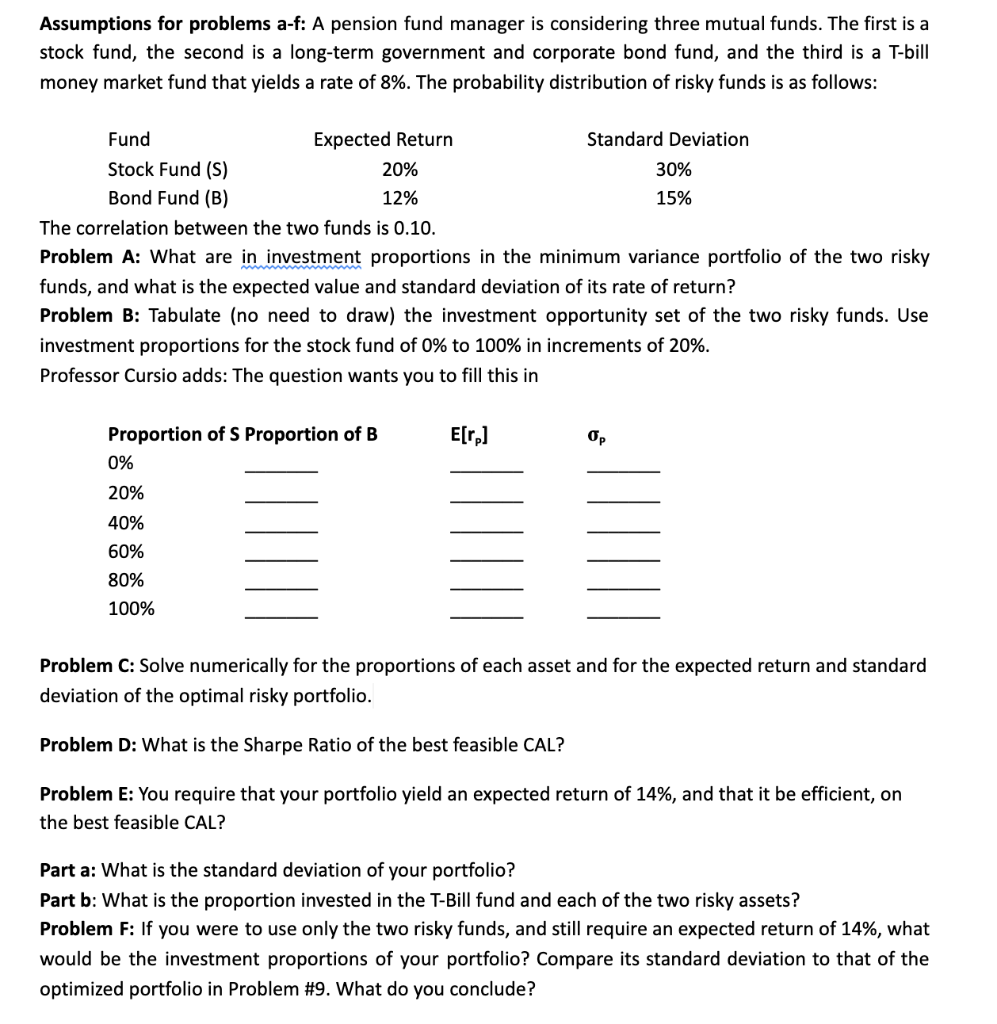 Assumptions for problems a-f: A pension fund manager is considering three