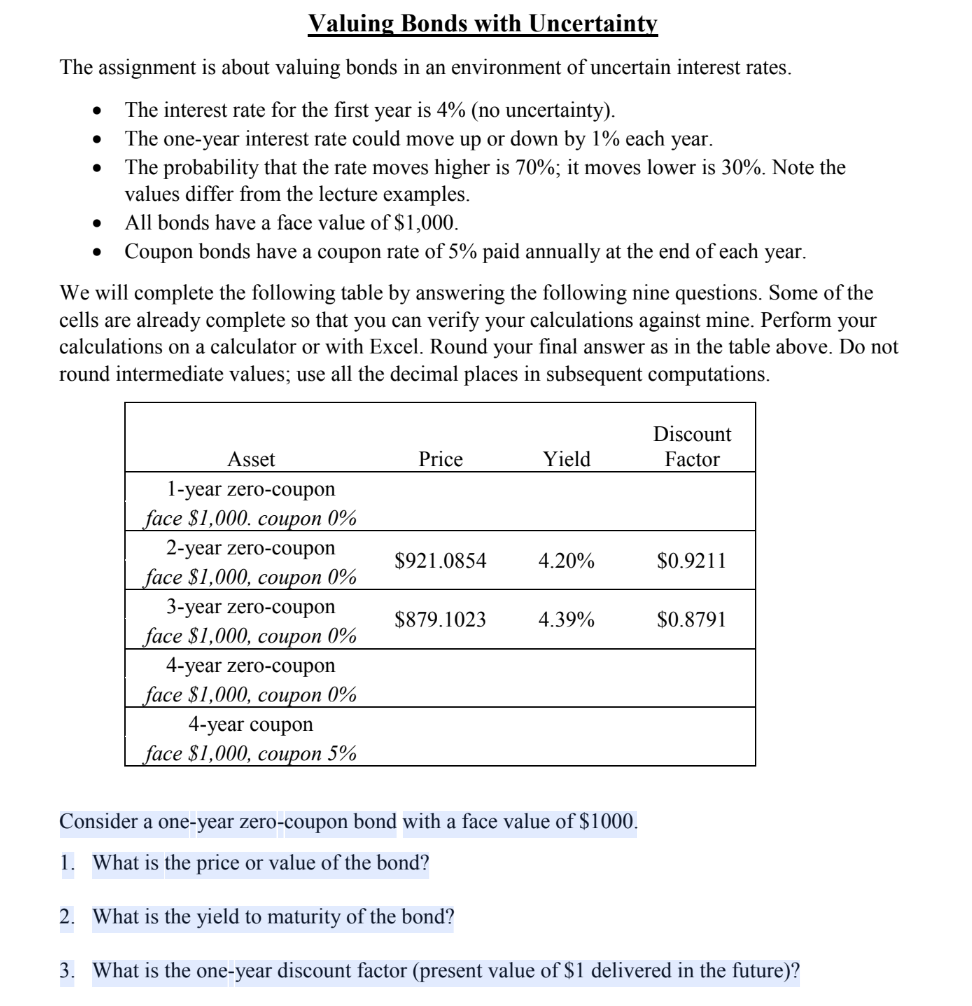 . Valuing Bonds with Uncertainty The assignment is about valuing bonds