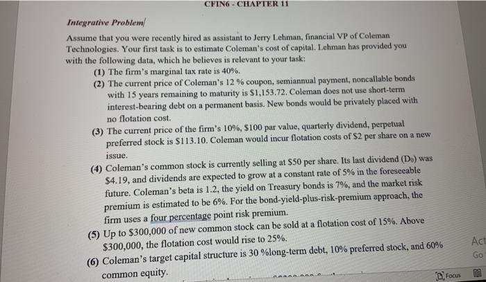 CFING - CHAPTER 11 Integrative Problem Assume that you were recently