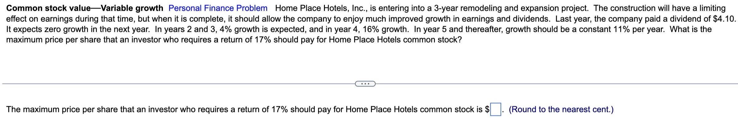 Common stock value- variable growth personal finance problem Common stock value-Variable growth