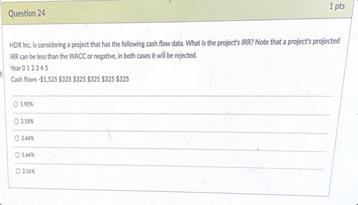 1 pts Question 24 HDR Inc. is considering a project that