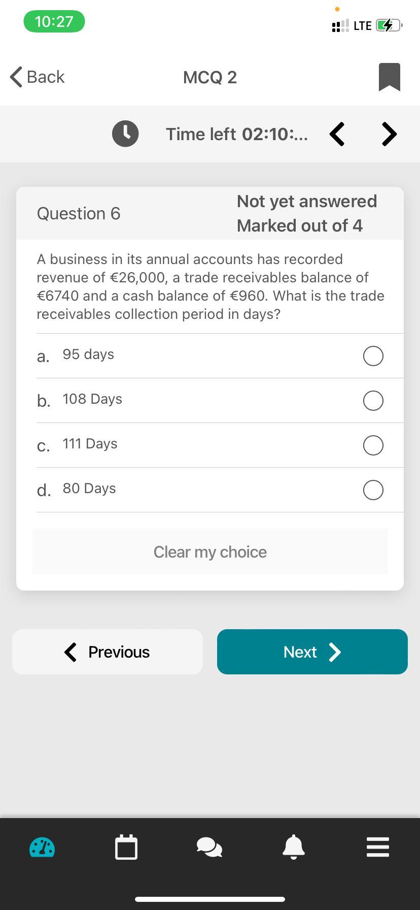10:27 LTE 2 Back MCQ 2 1 Time left 02:10:... Question