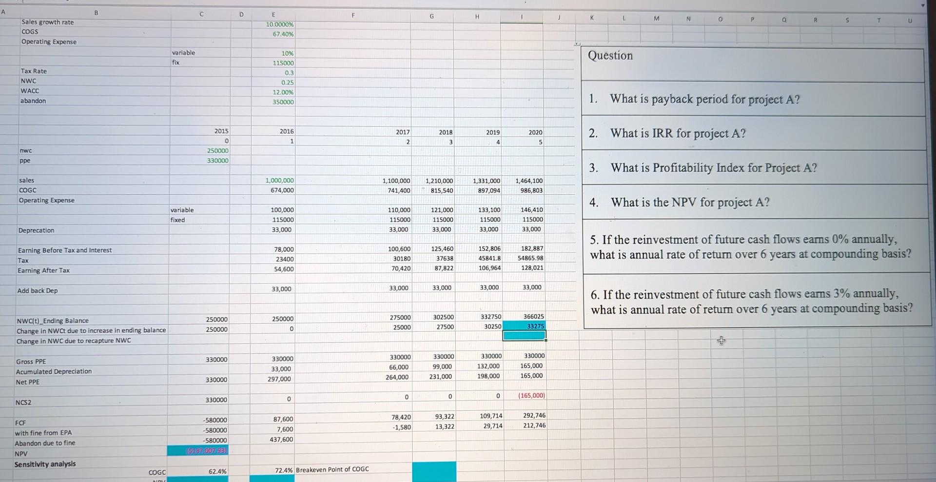  Question 1. What is payback period for project A ? 2.