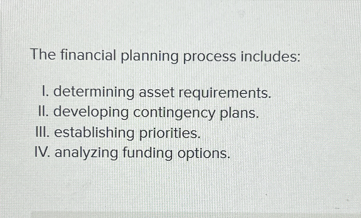  The financial planning process includes: I. determining asset requirements. II. developing