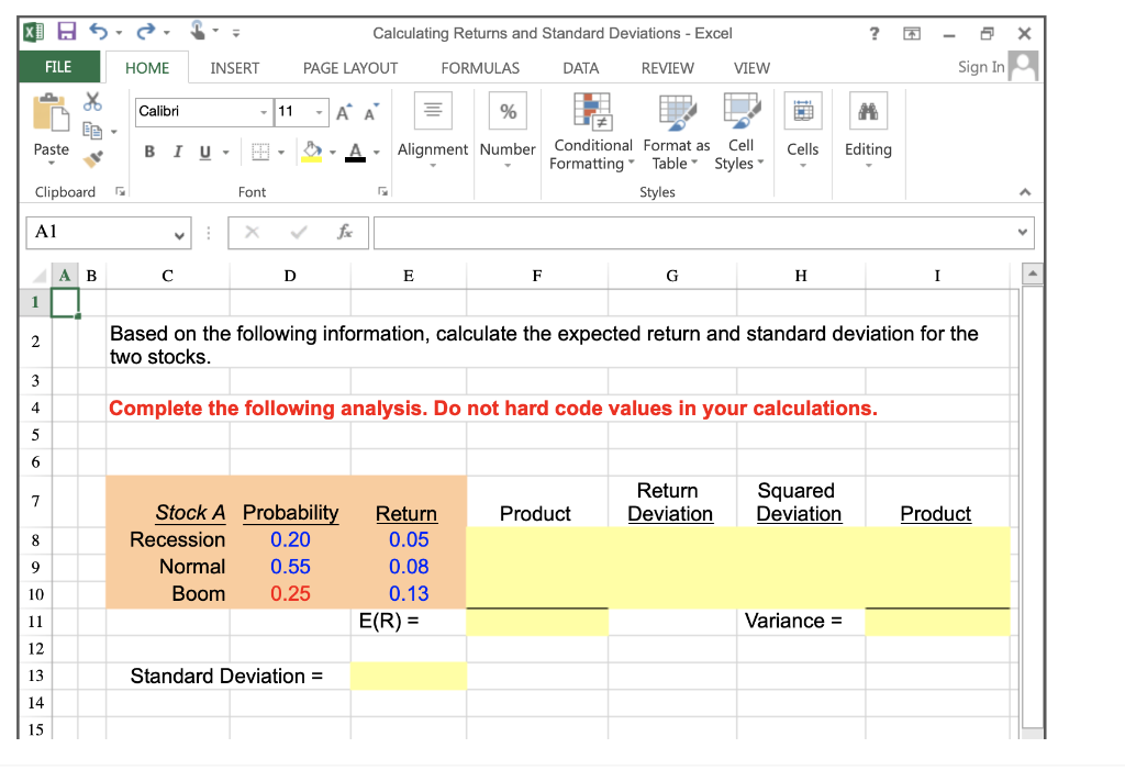show formula XD Calculating Returns and Standard Deviations - Excel ? FILE