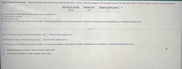  Future value of an annulty Using the values below answer the