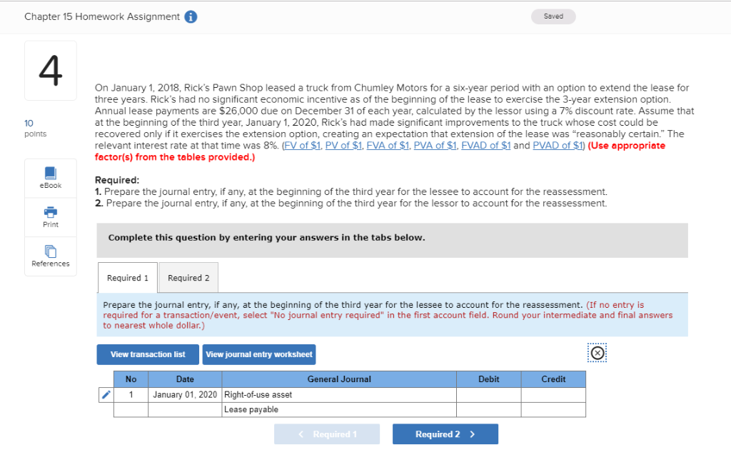 Chapter 15 Homework AssignmentG Saved On January 1, 2018, Rick's Pawn