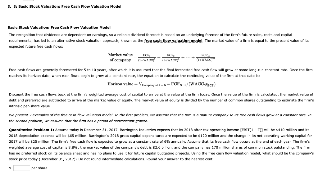  3. 3: Basic Stock Valuation: Free Cash Flow Valuation Model Basic