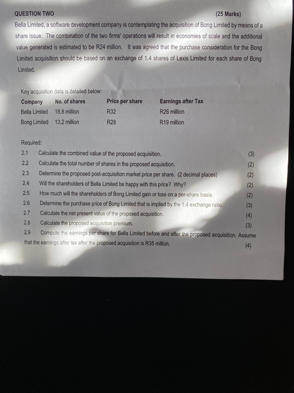 QUESTION TWO (25 Marks) Bella Limited, a software development company is