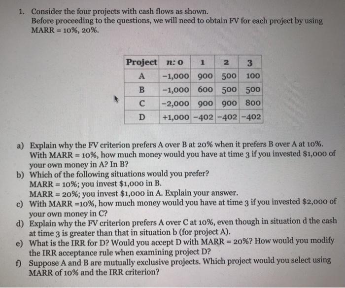  1. Consider the four projects with cash flows as shown. Before
