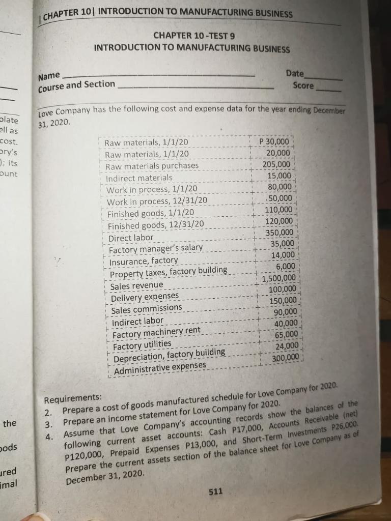CHAPTER 10 INTRODUCTION TO MANUFACTURING BUSINESS CHAPTER 10 -TEST 9 INTRODUCTION