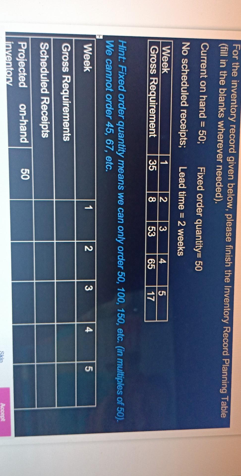 For the inventory record given below, please finish the Inventory Record