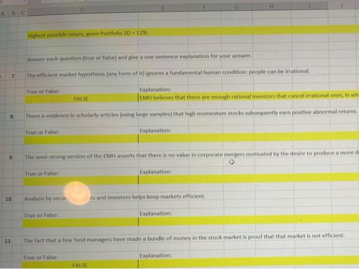  H B C Highest possible return, given Portfolio SD -12%: Answer