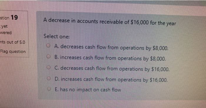  estion 19 A decrease in accounts receivable of $16,000 for the