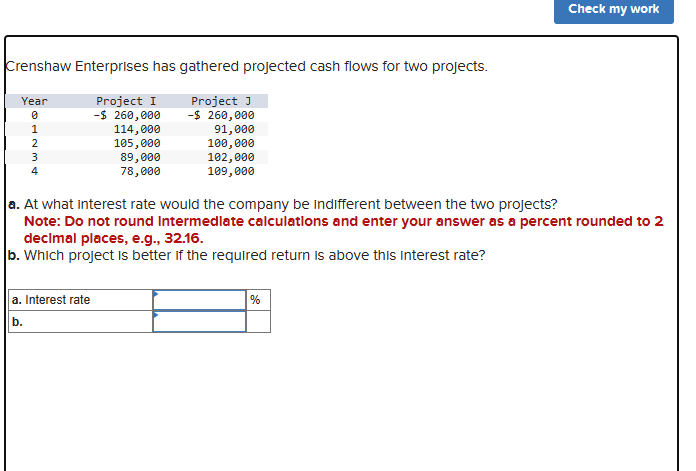 Crenshaw Enterprises has gathered projected cash flows for two projects. a.