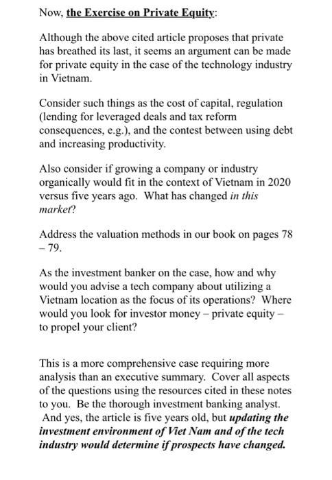 Now, the Exercise on Private Equity: Although the above cited article