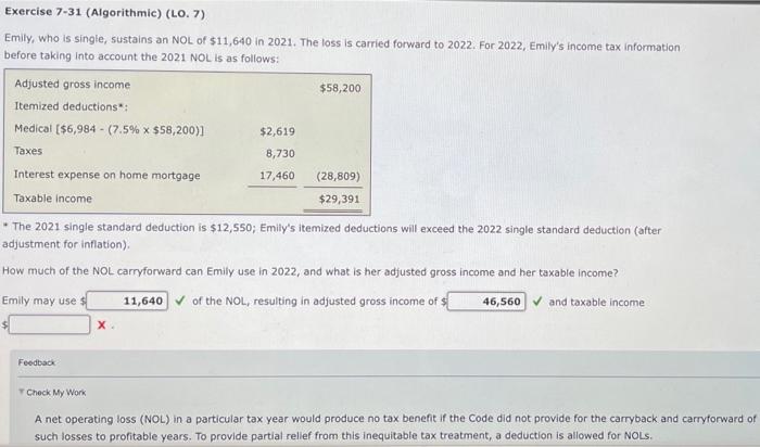  Exercise 7-31 (Algorithmic) (LO. 7) Emily, who is single, sustains an