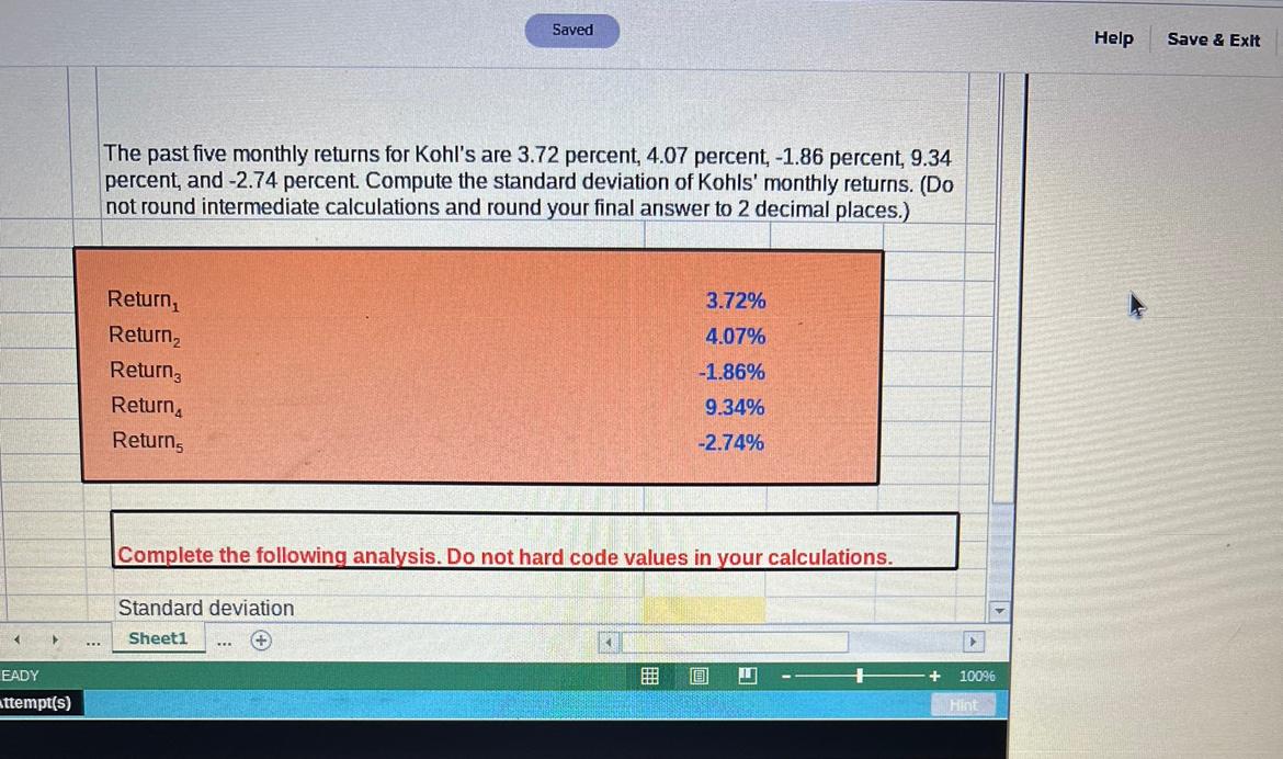  Saved Help Save & Exit The past five monthly returns for