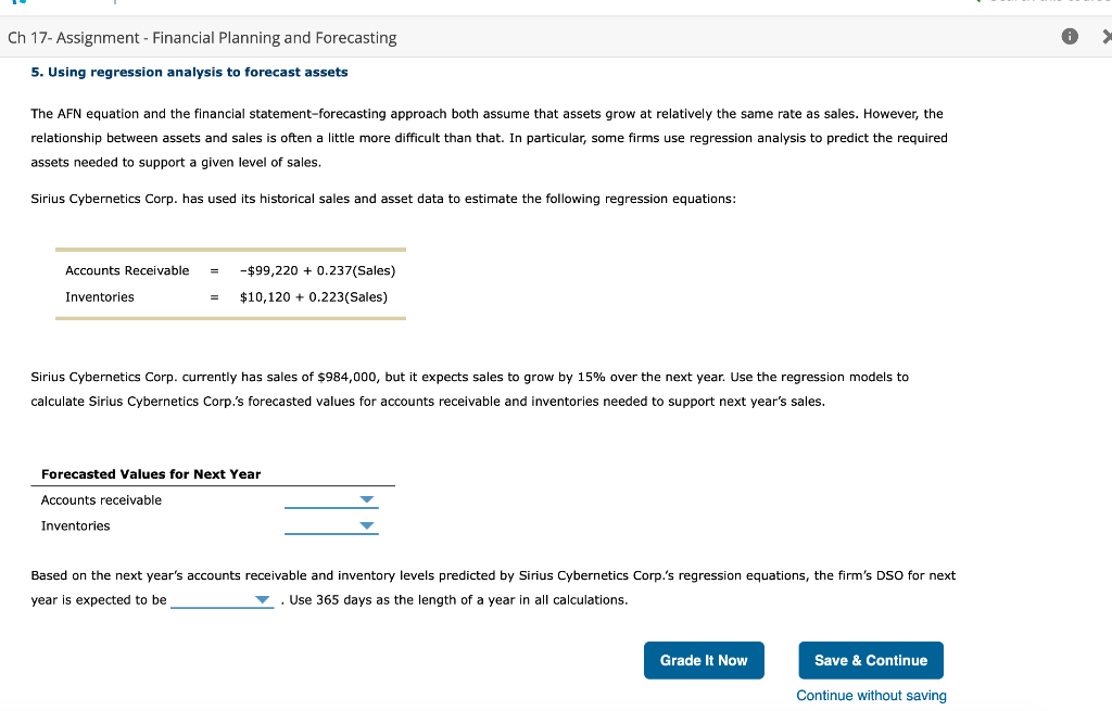  Ch 17- Assignment - Financial Planning and Forecasting 5. Using regression