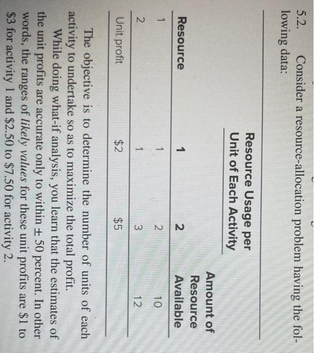 Please explain the solution for each letter. 5.2. Consider a resource-allocation problem