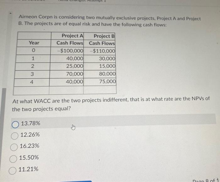  Airneon Corpn is considering two mutually exclusive projects, Project A and
