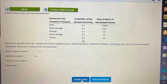  A-2 CO eBook Problem Walk-Through A stock's returns have the following
