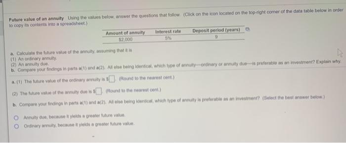  Future value of an annuity Using the values below, answer the