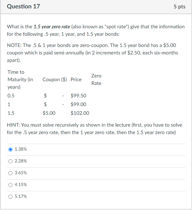 What is the 1.5 year zero rate (also known as "spot