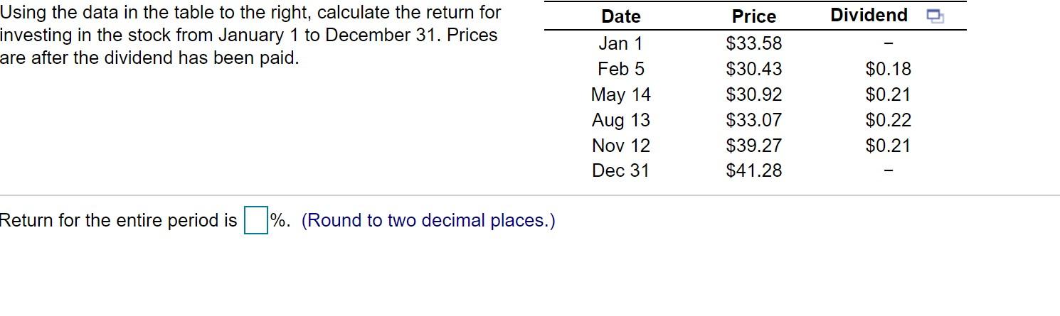  Date Dividend Using the data in the table to the right,