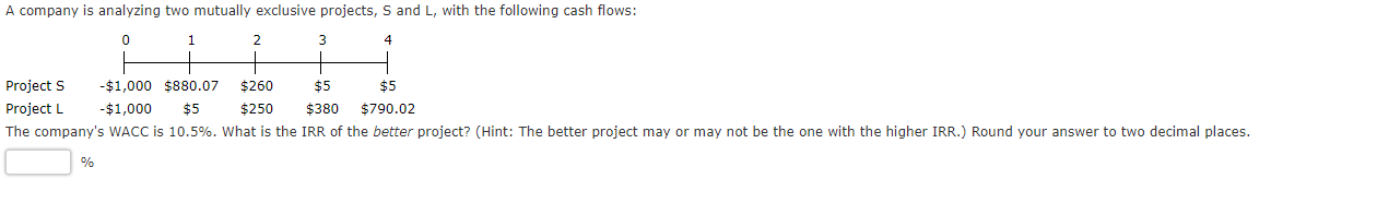 Q17 A company is analyzing two mutually exclusive projects, S and L,