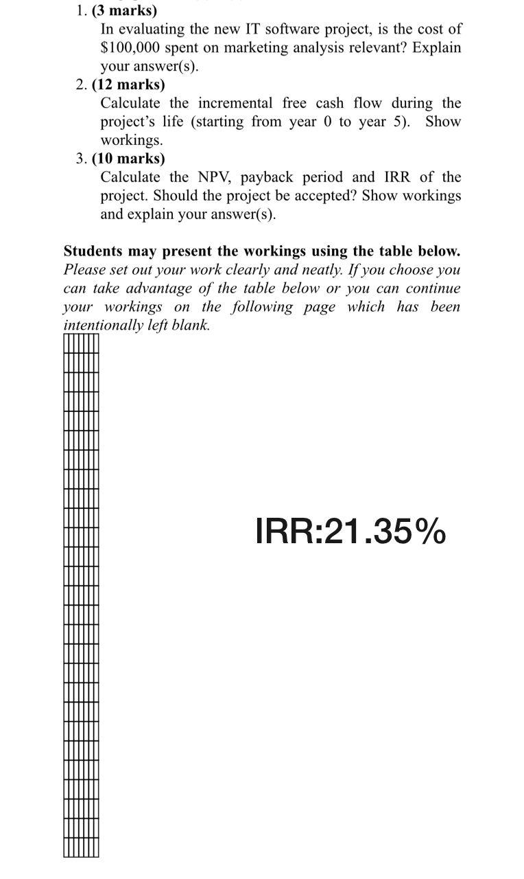  1. (3 marks) In evaluating the new IT software project, is