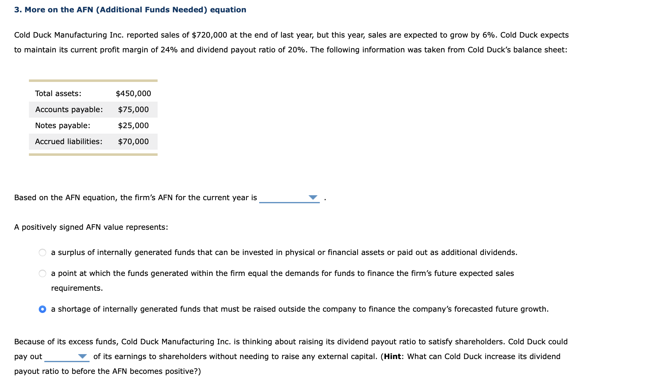  More on the AFN (Additional Funds Needed) equation Cold Duck Manufacturing