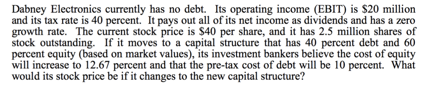  Dabney Electronics currently has no debt. Its operating income (EBIT) is