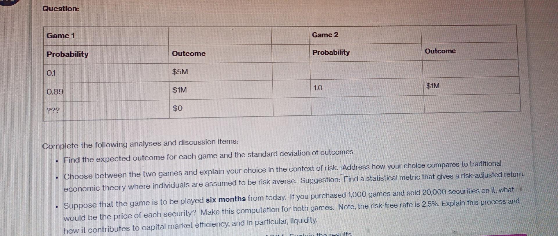 Question: Game 1 Game 2 Probability Outcome Probability Outcome 0.1 $5M