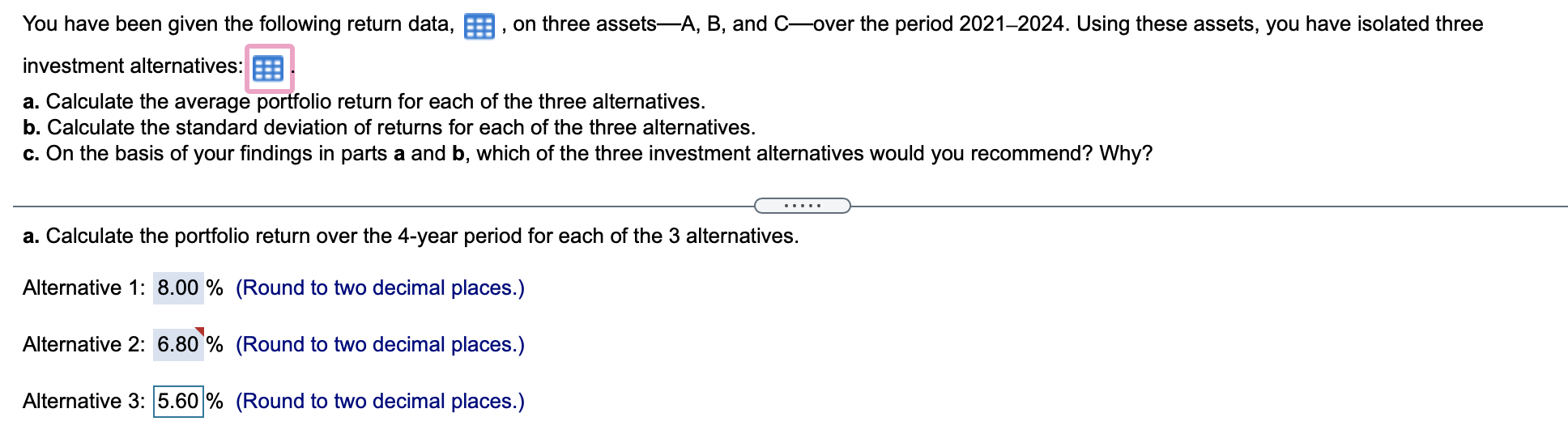 a spreadsheet.) Year 2021 2022 2023 2024 Expected Return Asset A Asset