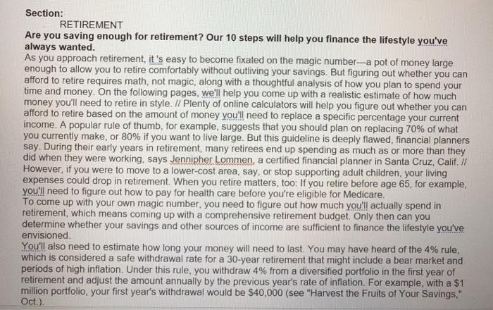  Section: RETIREMENT Are you saving enough for retirement? Our 10 steps