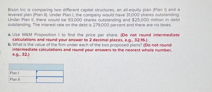  Bison Inc is comparing two different capital structures, an all-equity plan