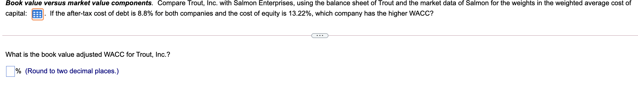 Trout, Inc. Current assets: $1,555,556 Current liabilities: $1,069,046 Long-term assets: $5,444,444 Long-term