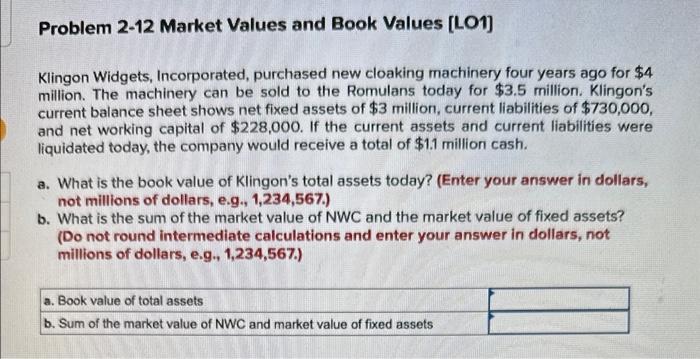  Problem 2-12 Market Values and Book Values [LO1] Klingon Widgets, Incorporated,
