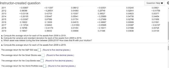 Question Help Instructor-created question 2011 -0.00897 2012 0.00089 2013 -0.03136 -0.26195