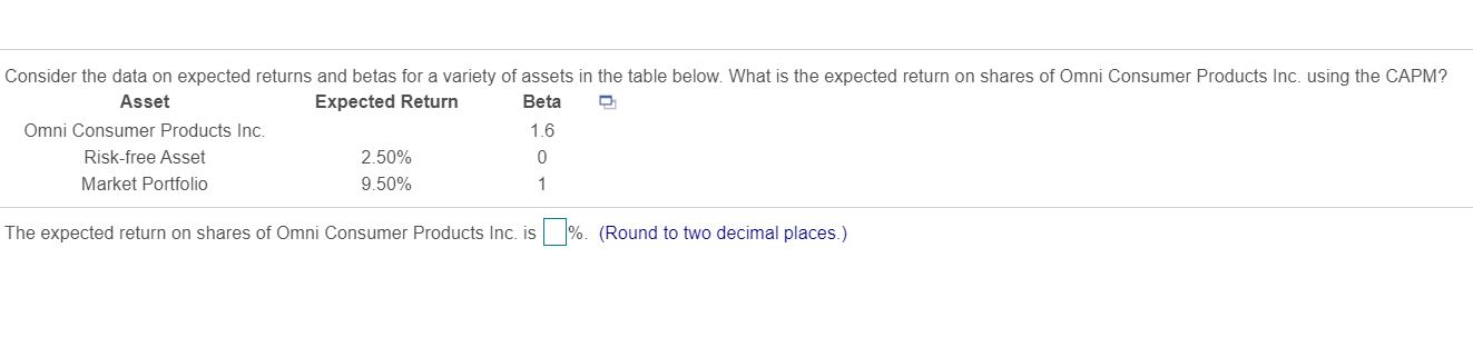  Consider the data on expected returns and betas for a variety