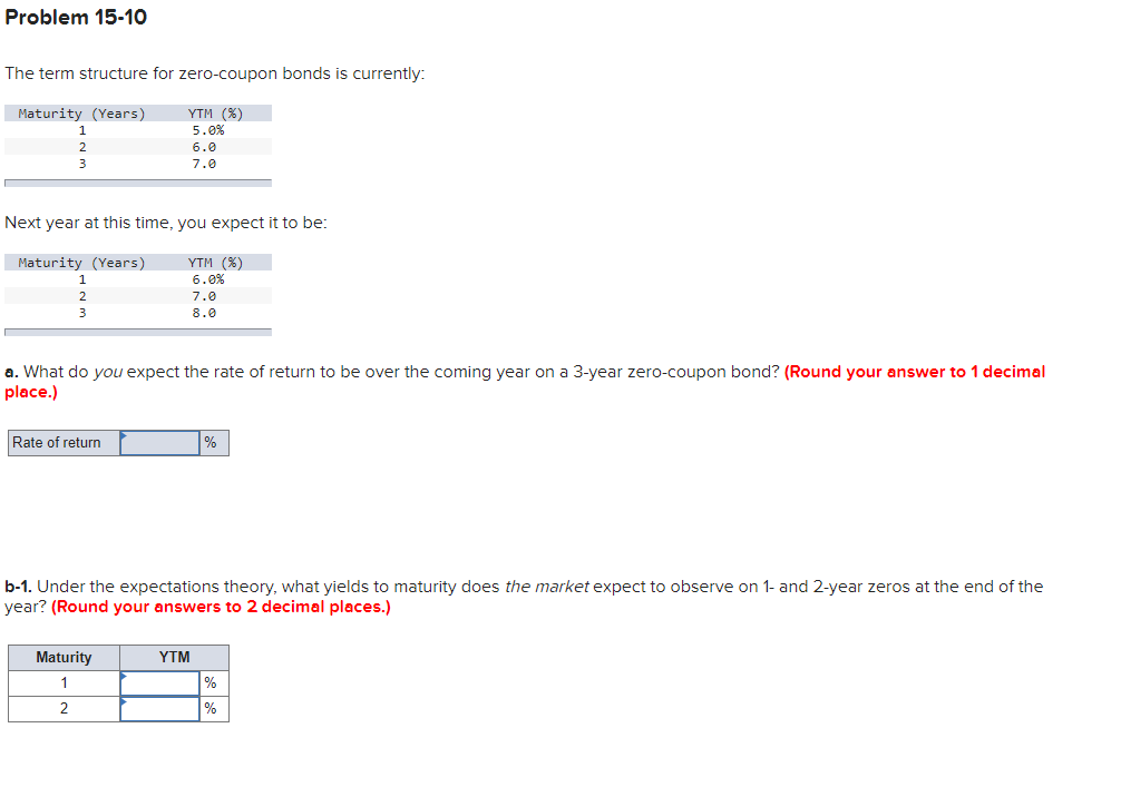  Problem 15-10 The term structure for zero-coupon bonds is currently: Maturity