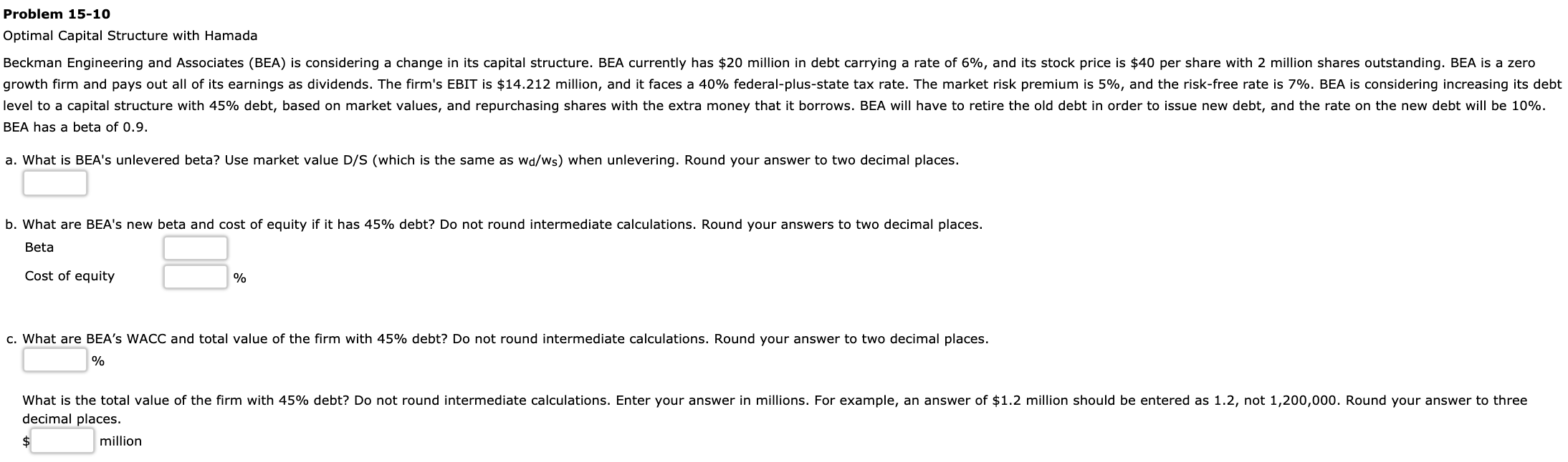 Problem 15-10 Optimal Capital Structure with Hamada Beckman Engineering and Associates