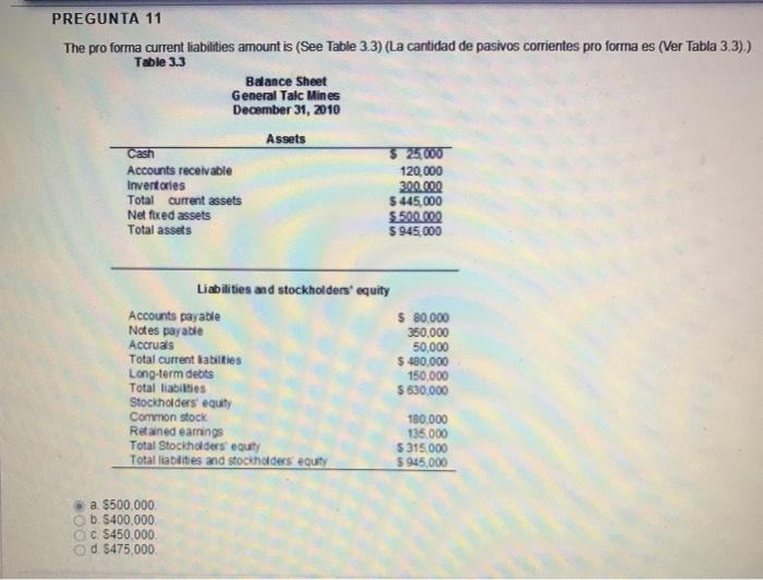  PREGUNTA 11 The pro forma current liabilities amount is (See Table