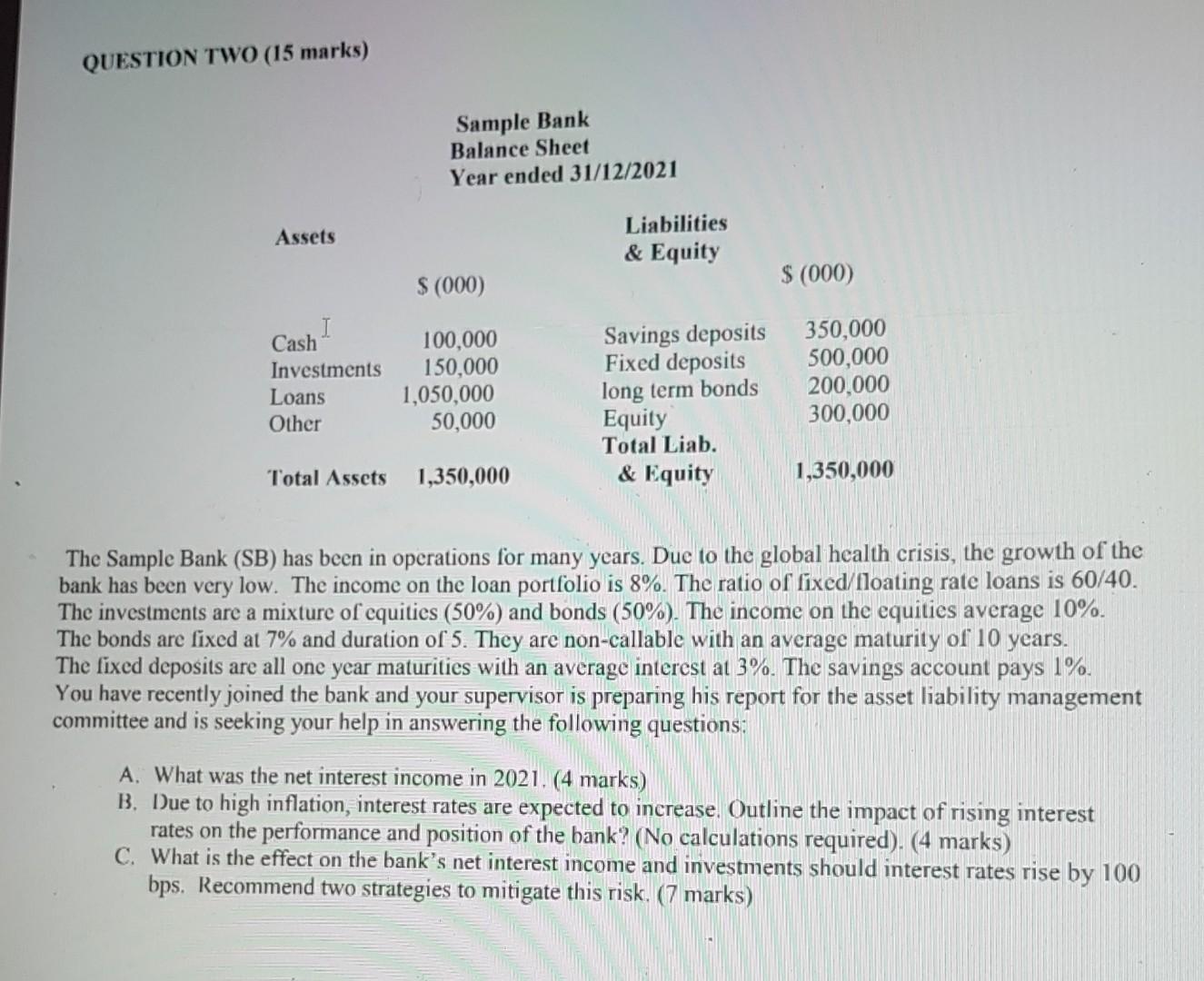 Help please QUESTION TWO (15 marks) Sample Bank Balance Sheet Year