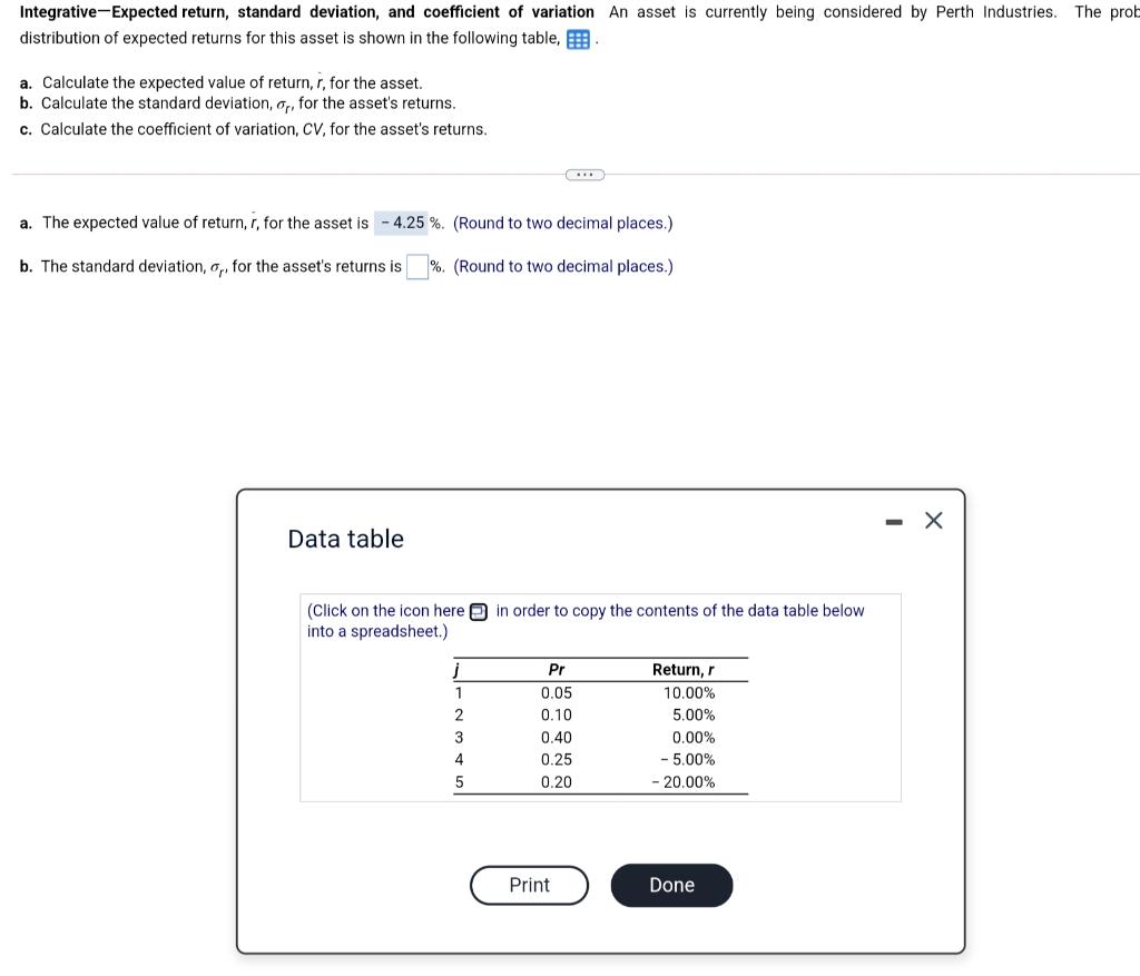 The prob Integrative-Expected return, standard deviation, and coefficient of variation An