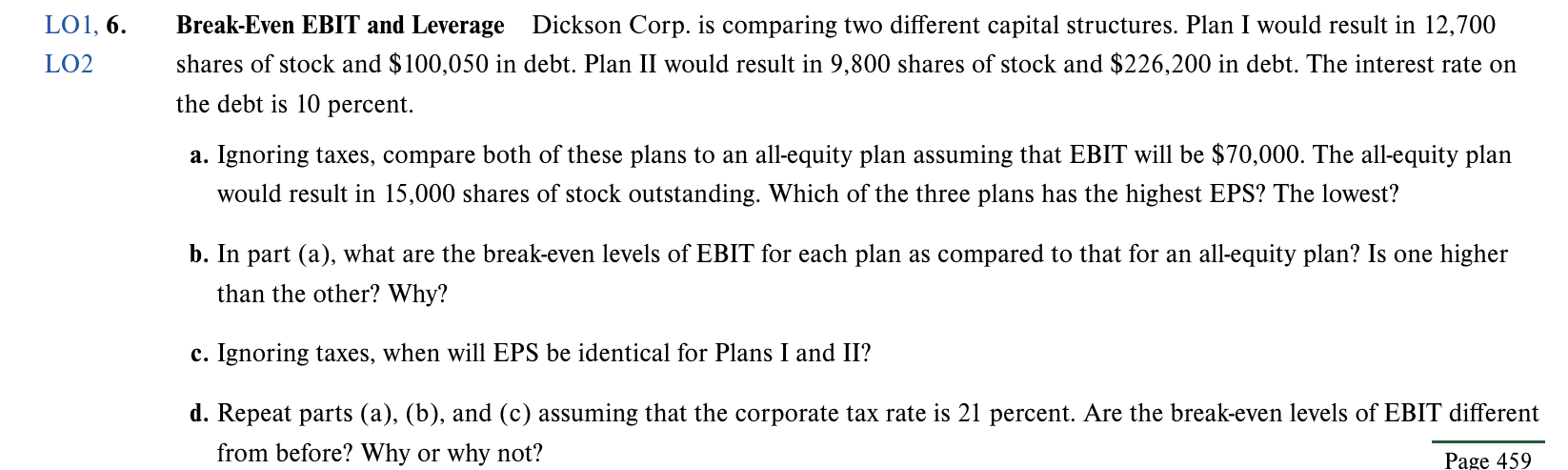  Break-Even EBIT and Leverage Dickson Corp. is comparing two different capital